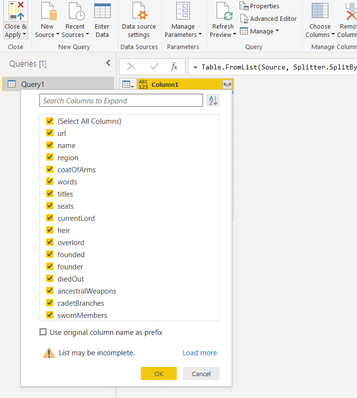 Power BI JSON: Select Desired Column in Table